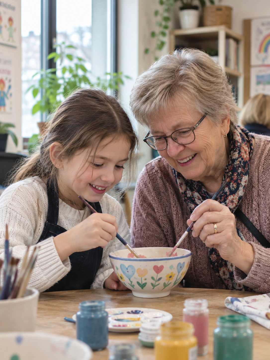 Seniorka i dziecko razem malujące ceramiczną miskę podczas wspólnych zajęć